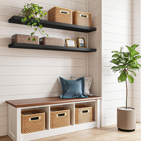 Fixwal length display showcases the expansive 47-inch shelf surface for decor.