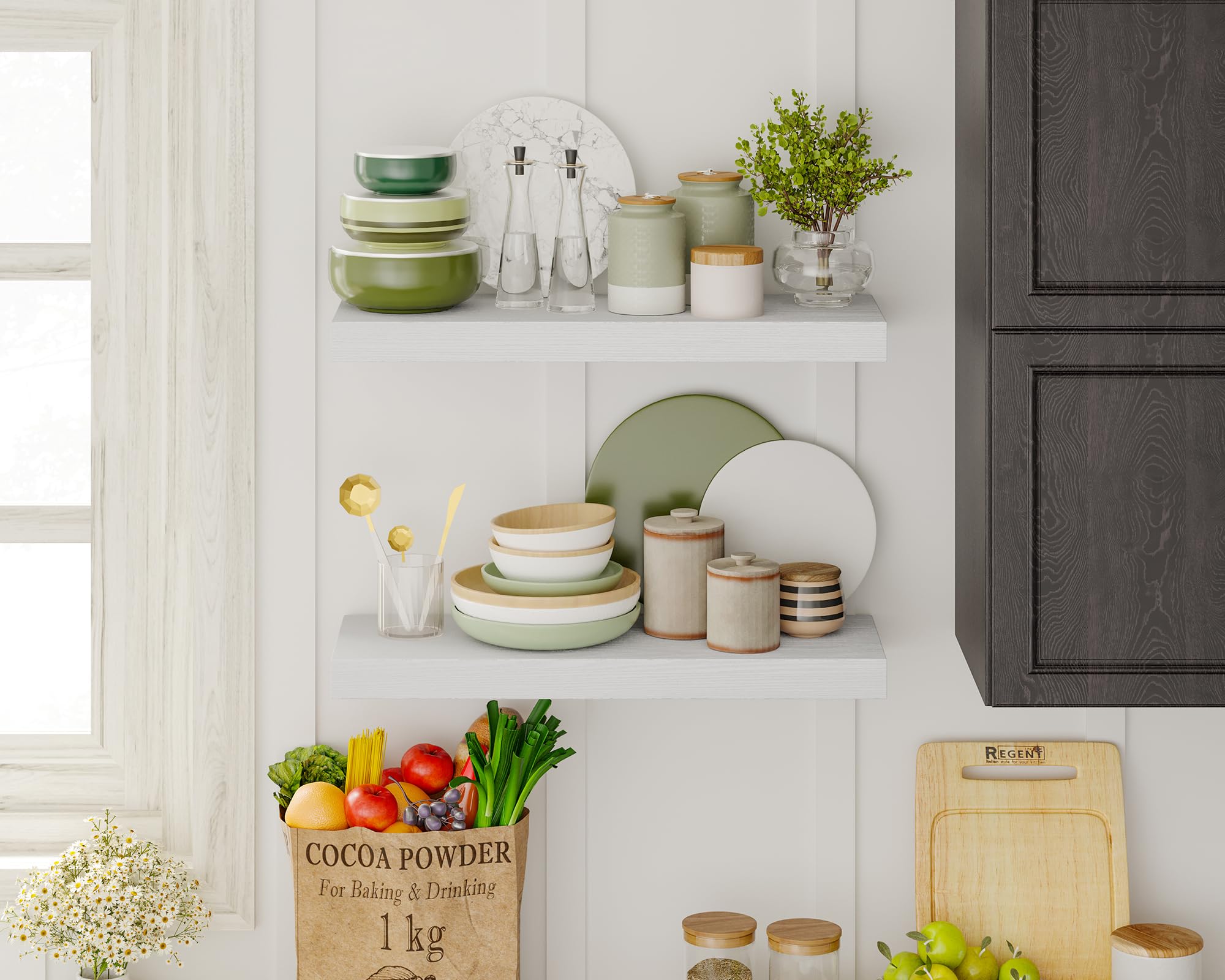 Fixwal kitchen shelf for spice display and utensils.