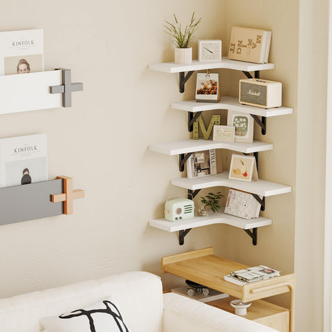 Fixwal living room display shelves for plants books and trophies.