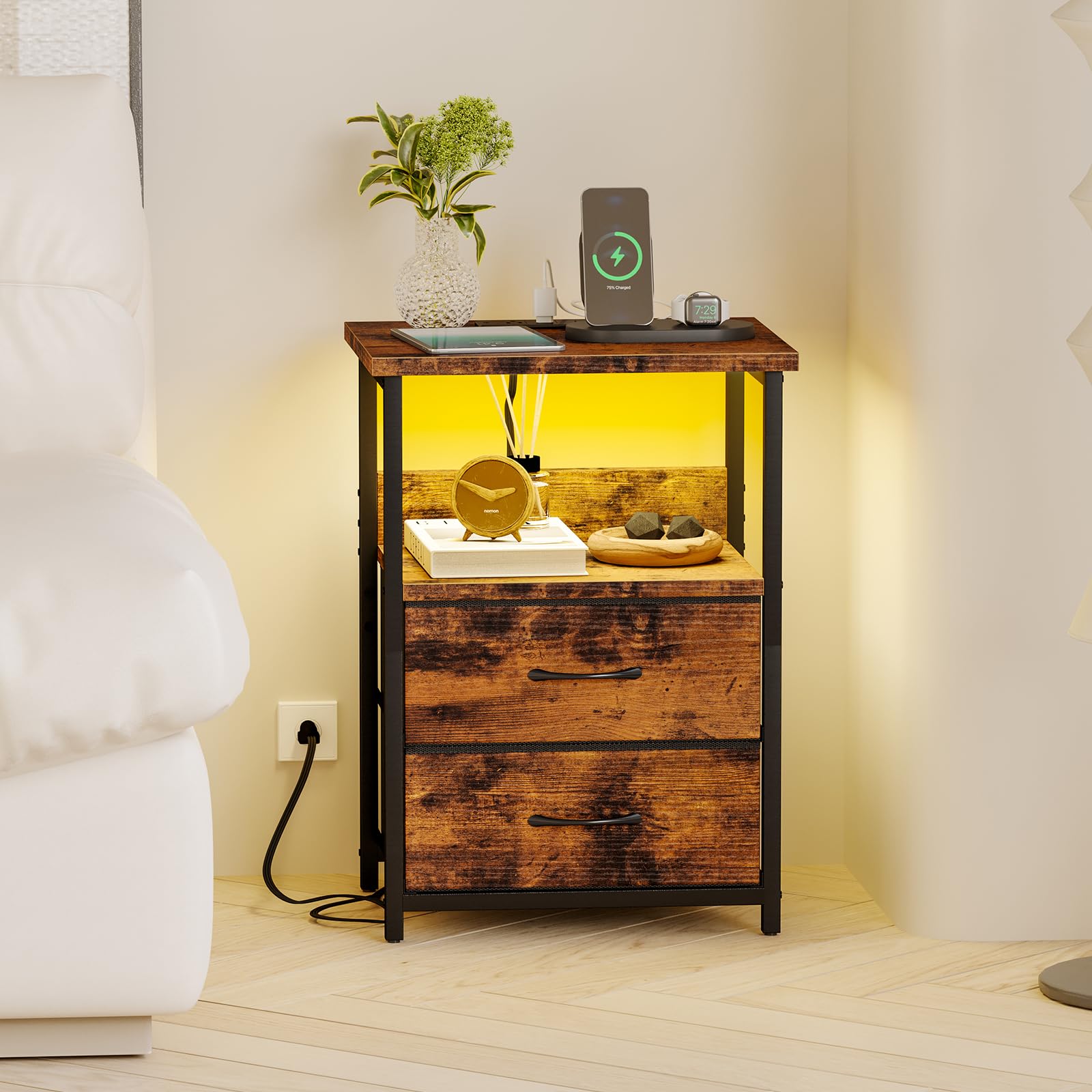 Fixwal Night Stand charging station powers USB devices and outlets at bedside.