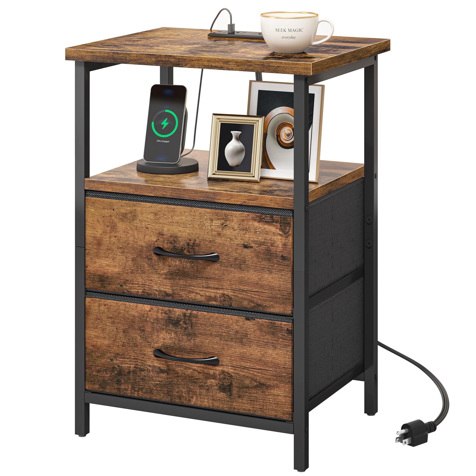 Fixwal night stand with charging station and outlets for convenient bedside charging.