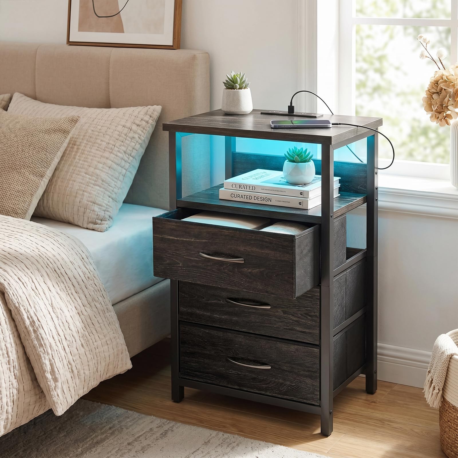 Fixwal Night Stand fabric drawers keep keys and small items organized