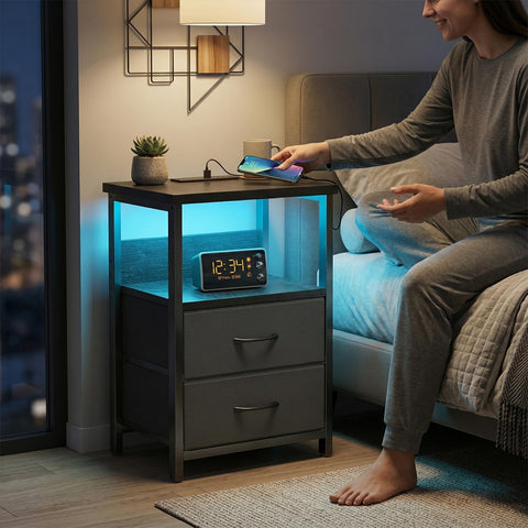 Fixwal night stand showing USB ports for bedside charging accessibility.