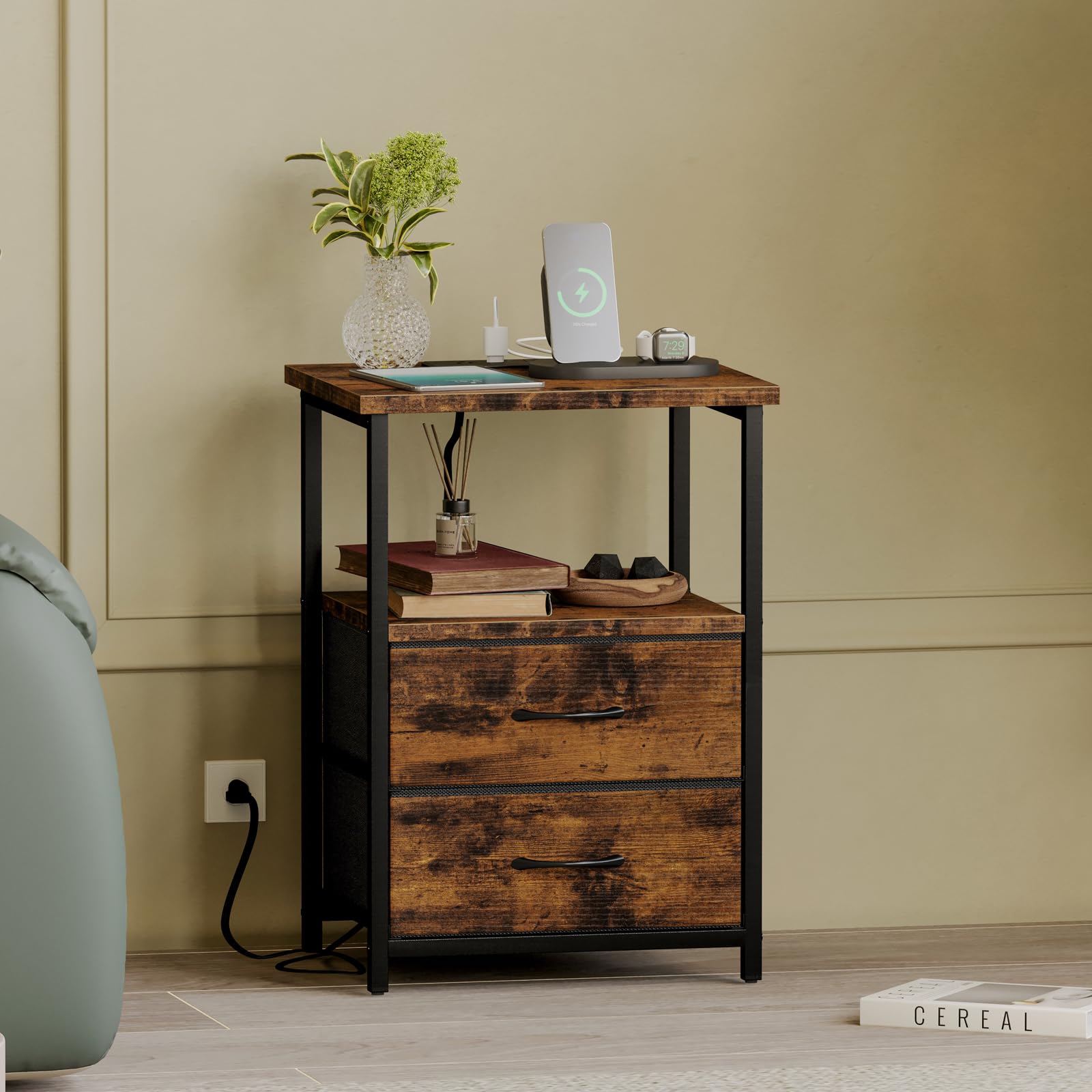 Fixwal nightstand with charging outlets offers easy at-hand device charging.