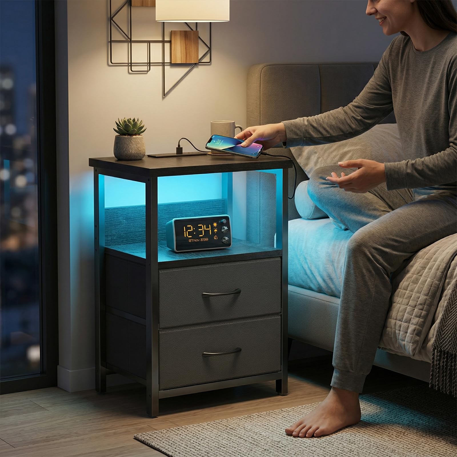 Fixwal nightstand with charging station and USB ports for bedside charging