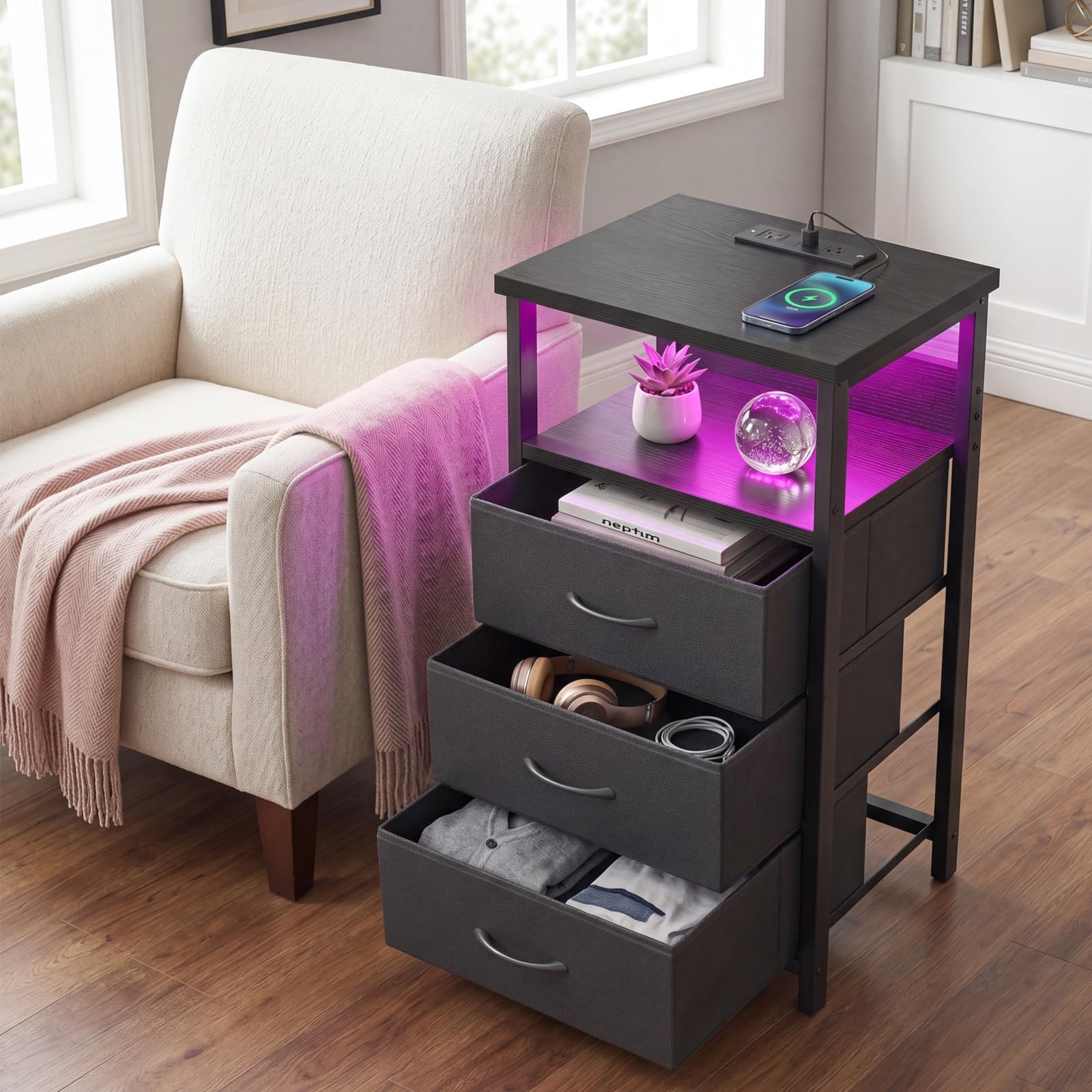 Compact Fixwal nightstand fits neatly beside a bed or sofa.