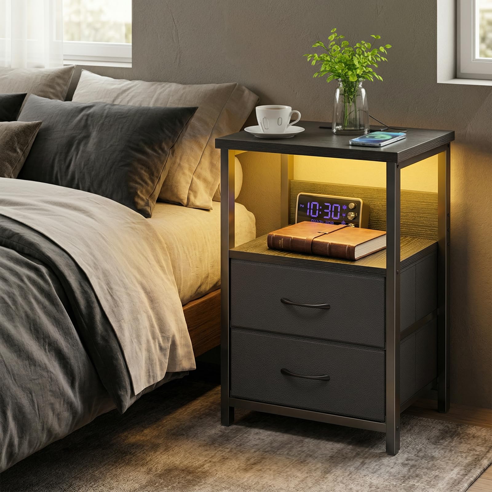 Fixwal nightstand open shelf holding lamp and books
