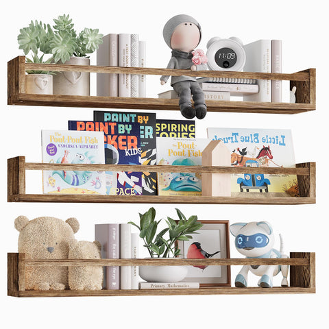 Fixwal three-pack brown nursery shelves mounted on wall for organized books.