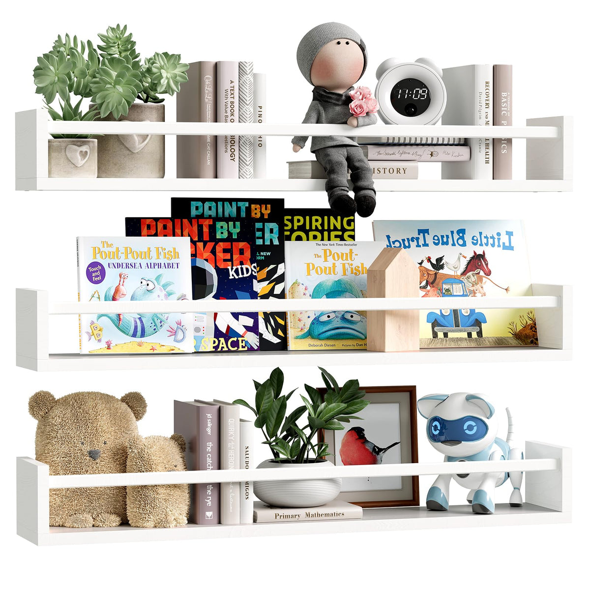 Fixwal nursery book shelves 3-pack in white for wall display.