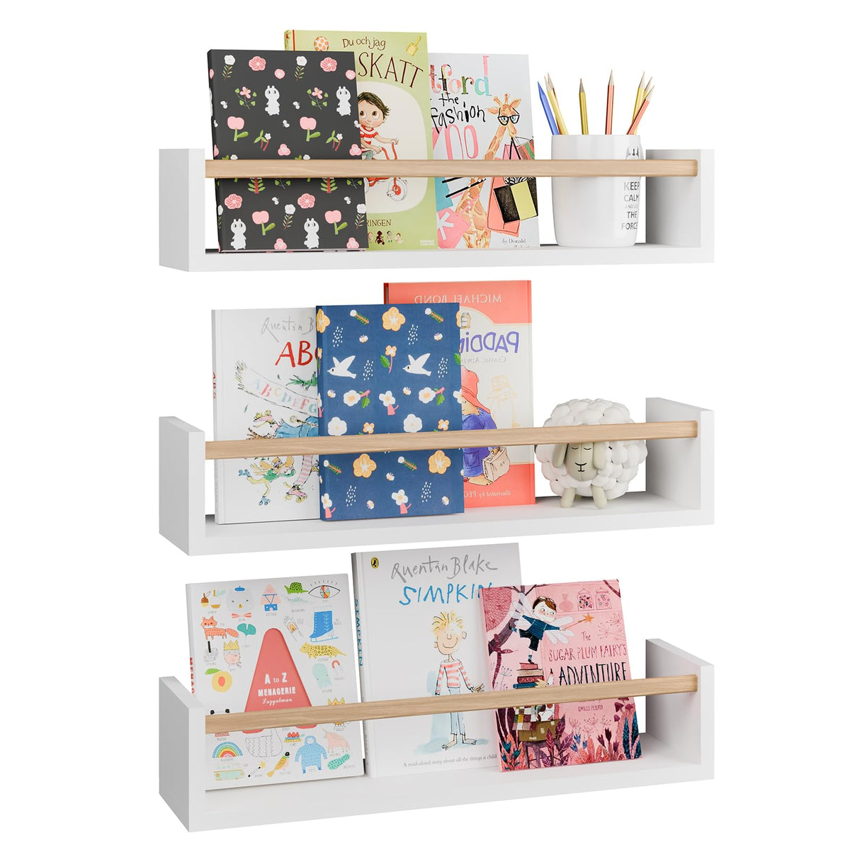 Fixwal nursery bookshelves white front view shows organized children's books
