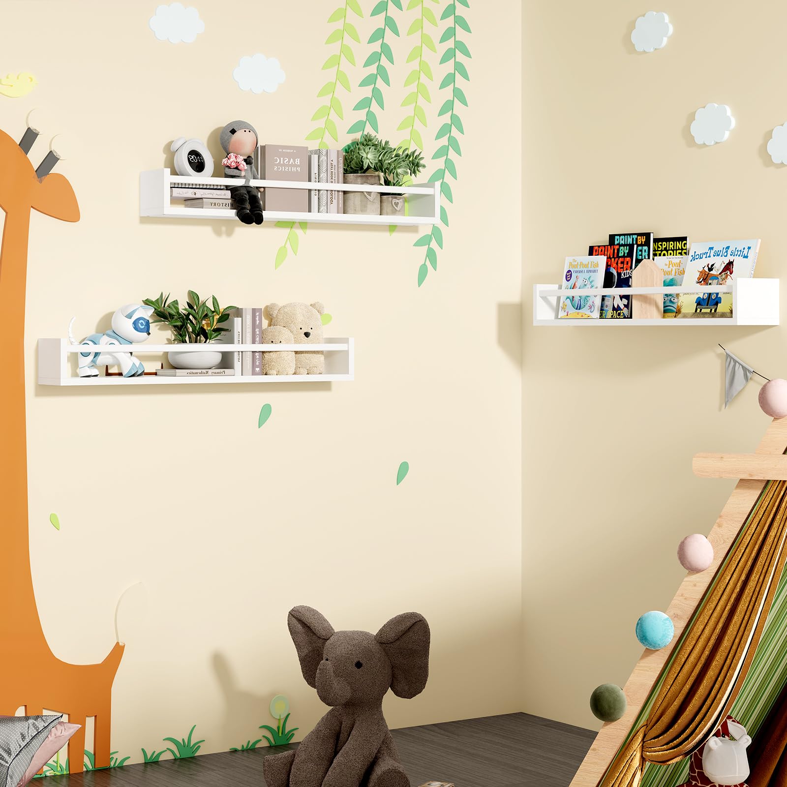 Fixwal nursery decor shelves close-up shows white finish.