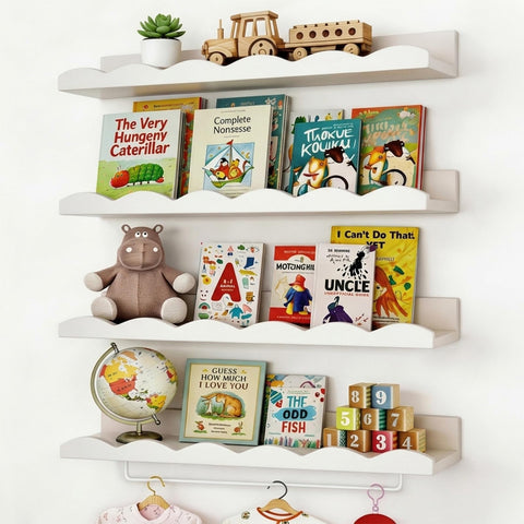 Fixwal nursery shelves set of four mounted on wall in white finish