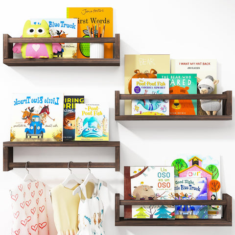 Fixwal nursery shelves in brown provide sturdy wall storage for books and keepsakes.
