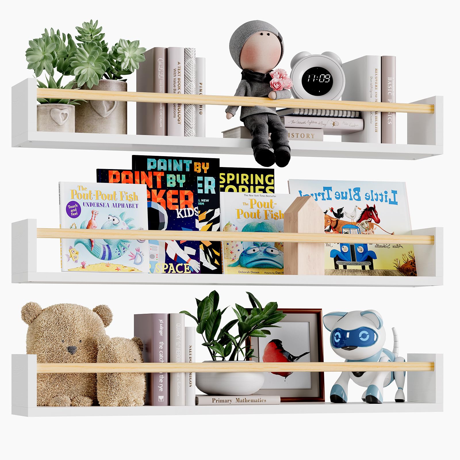 Fixwal nursery shelves set of 3 mounted on wall for organized books.