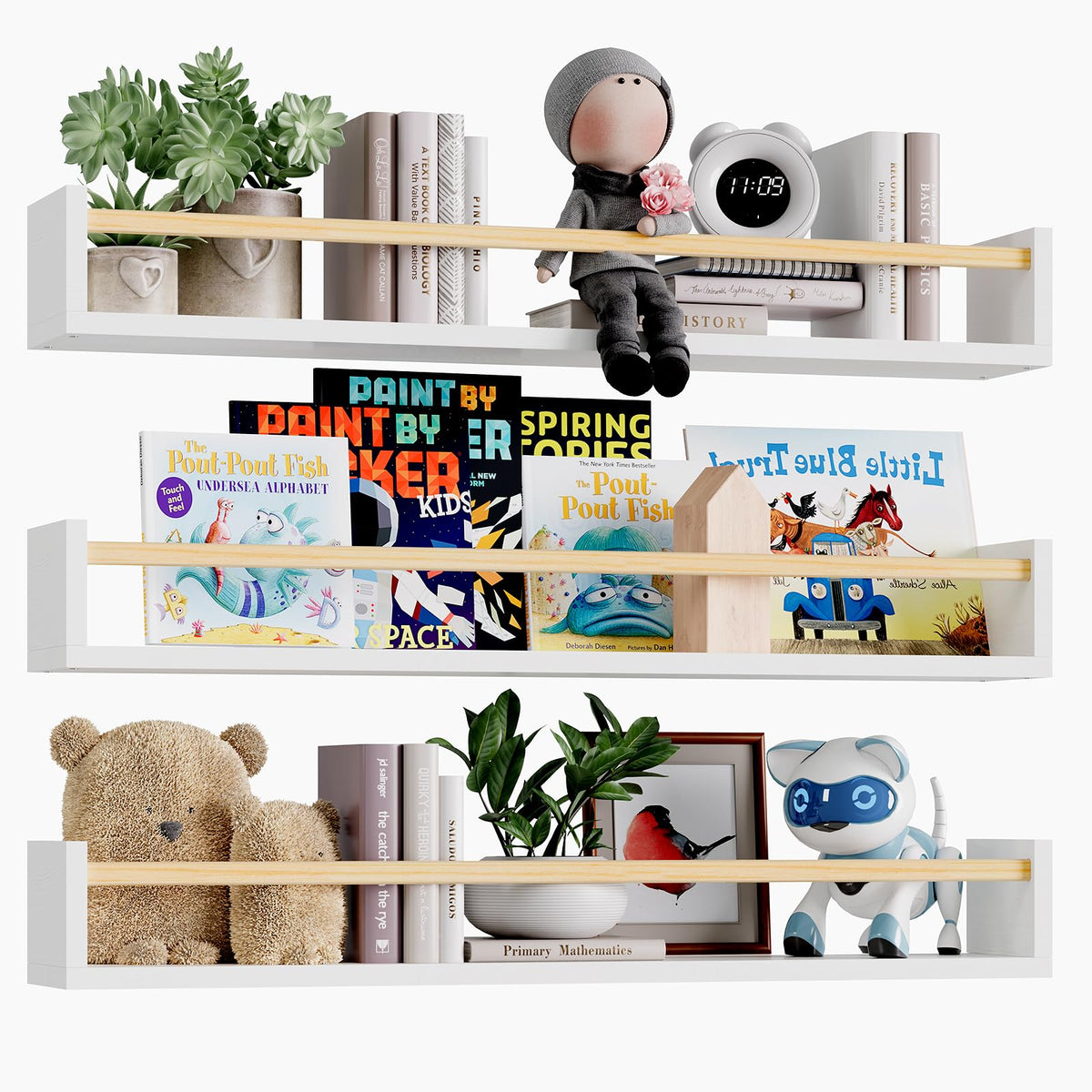 Fixwal nursery shelves set of 3 mounted on wall for organized books.