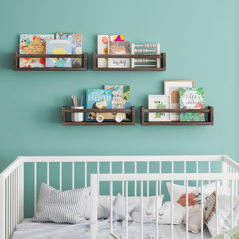Fixwal shelves displaying books and toys for kids room organization.