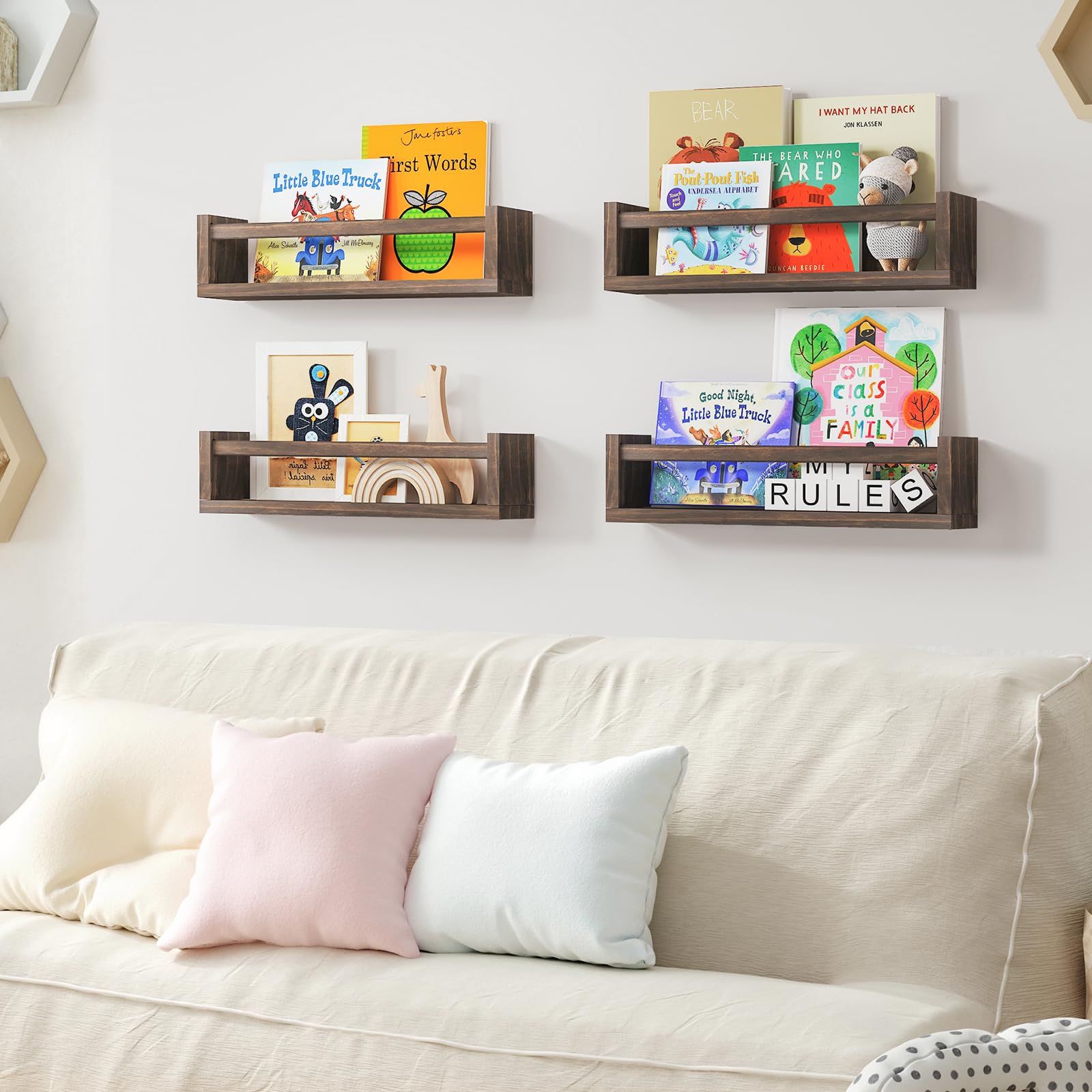 Fixwal installation guide shows quick wall mounting of four shelves.