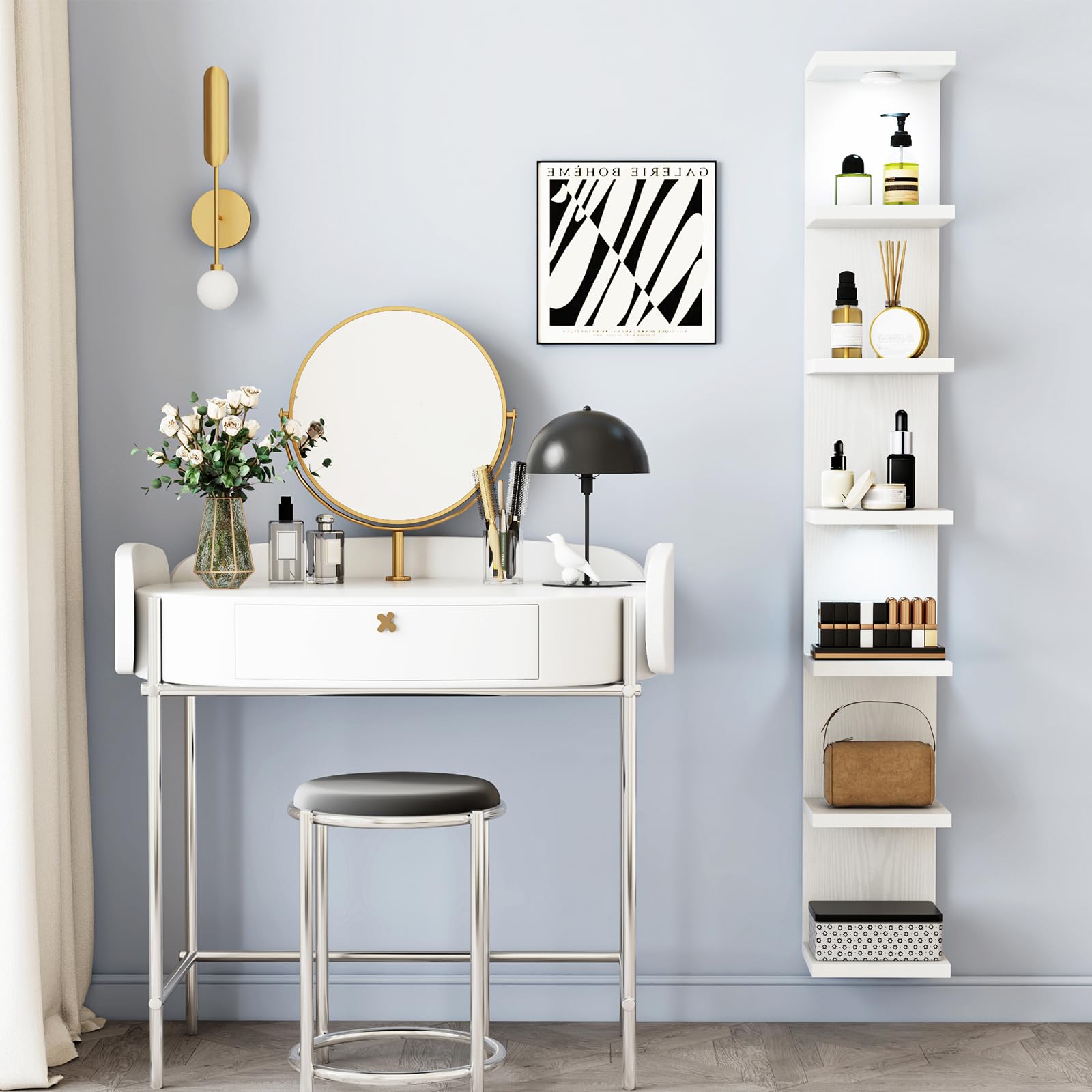 Fixwal seven-tier shelf holds handbags, decor, cosmetics with attractive lighting.