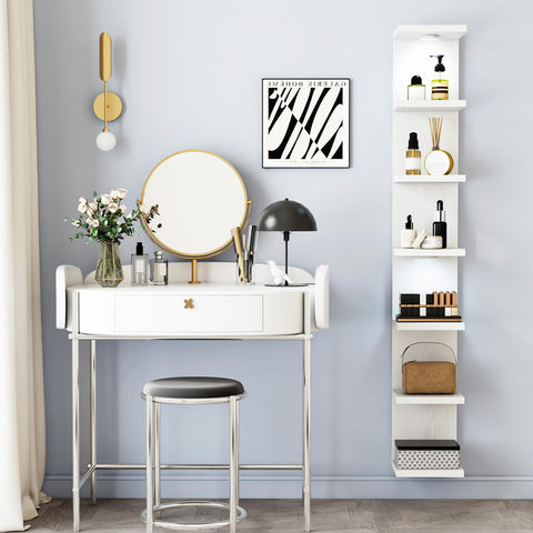 Fixwal seven-tier shelf holds handbags, decor, cosmetics with attractive lighting.