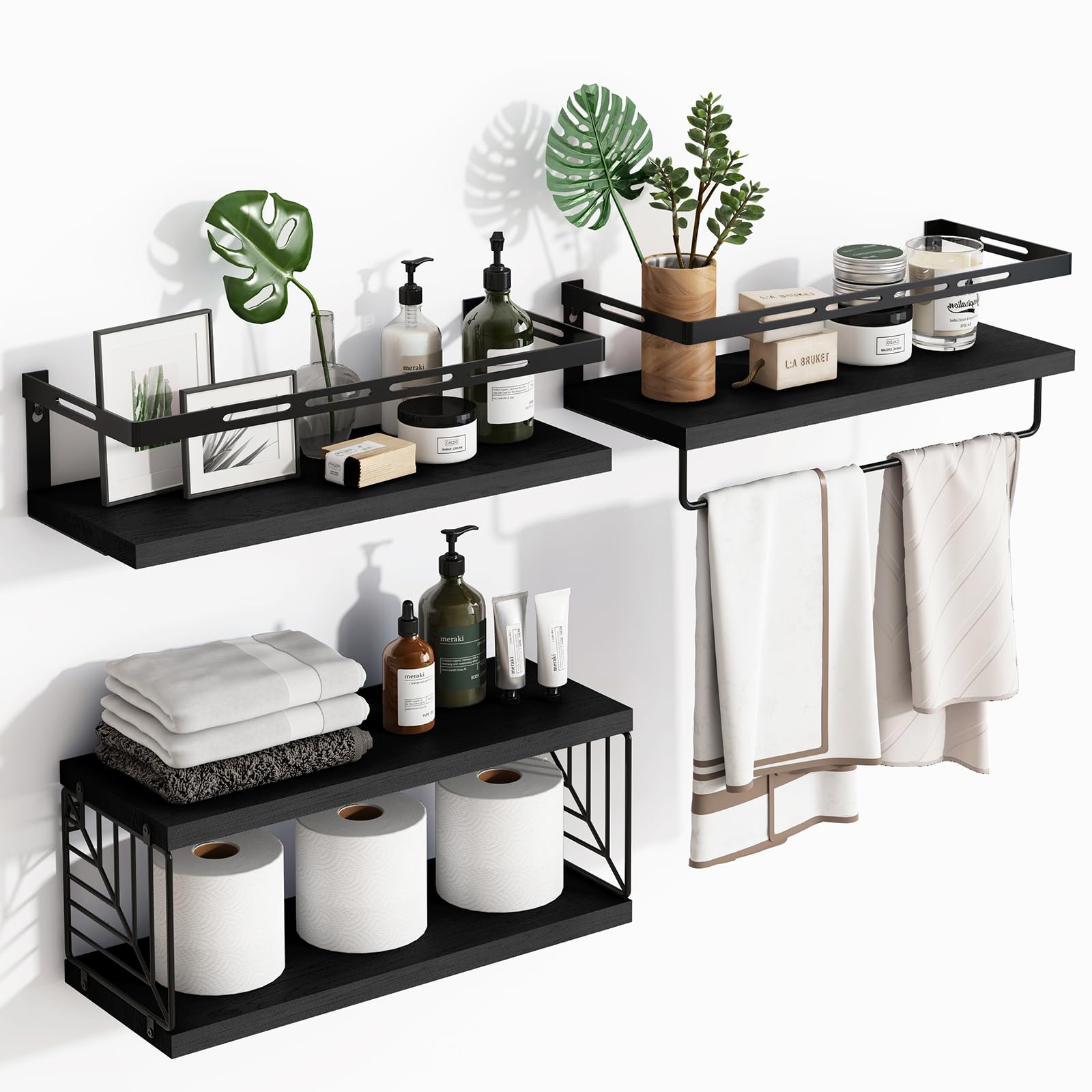 Fixwal rustic black over-toilet shelves with sturdy frame for bathroom organization.