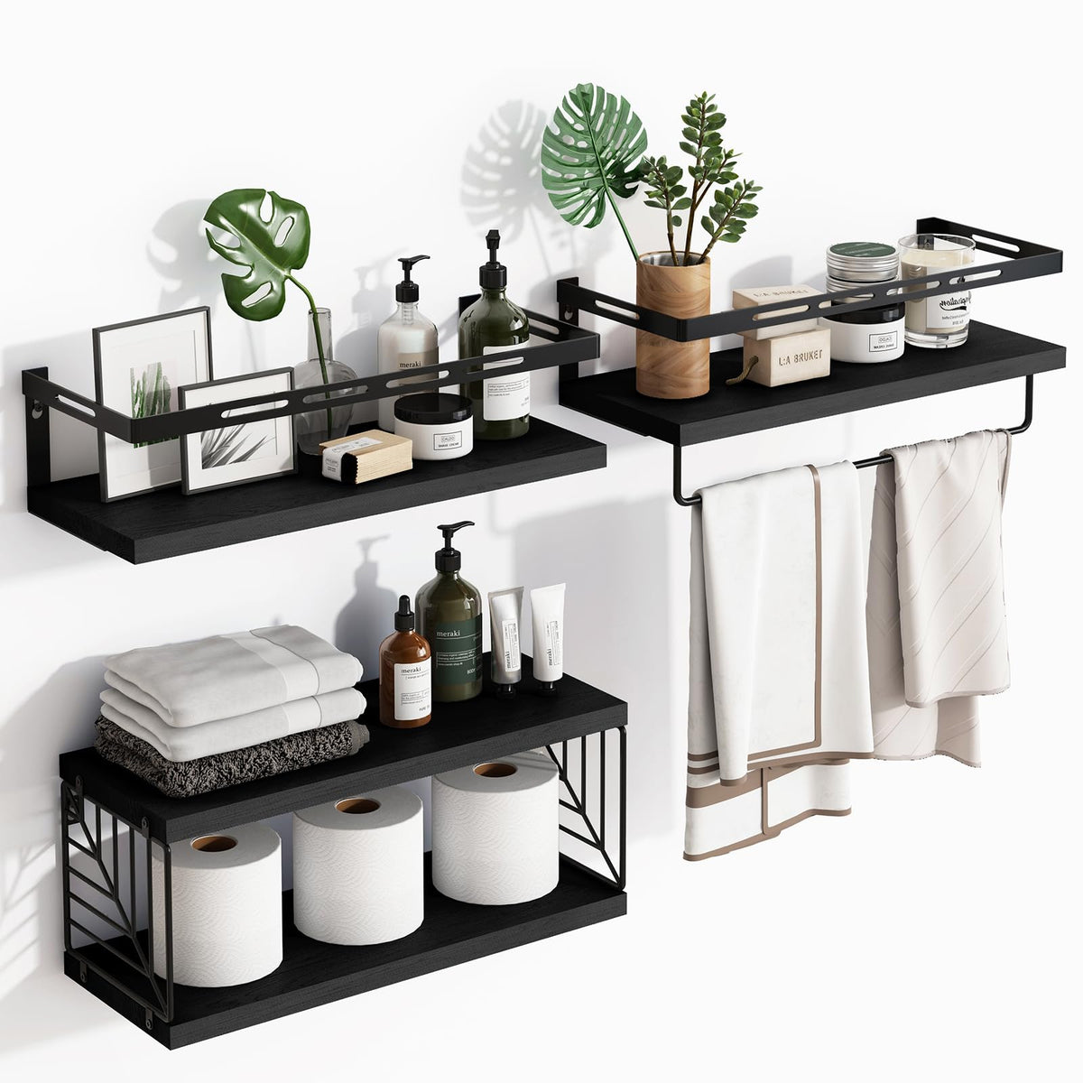 Fixwal rustic black over-toilet shelves with sturdy frame for bathroom organization.