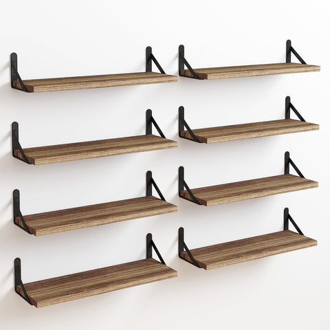 Fixwal rustic floating shelves set of eight in carbonized black for stylish wall storage.