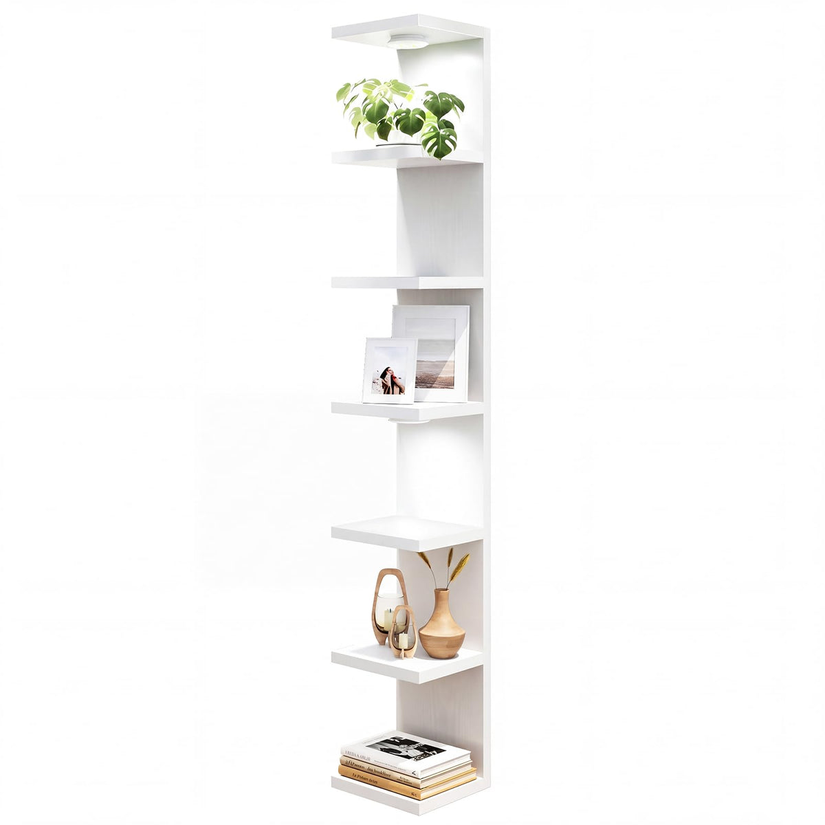 Fixwal seven-tier wall shelf with LED lights in white, ideal for stylish storage and display.