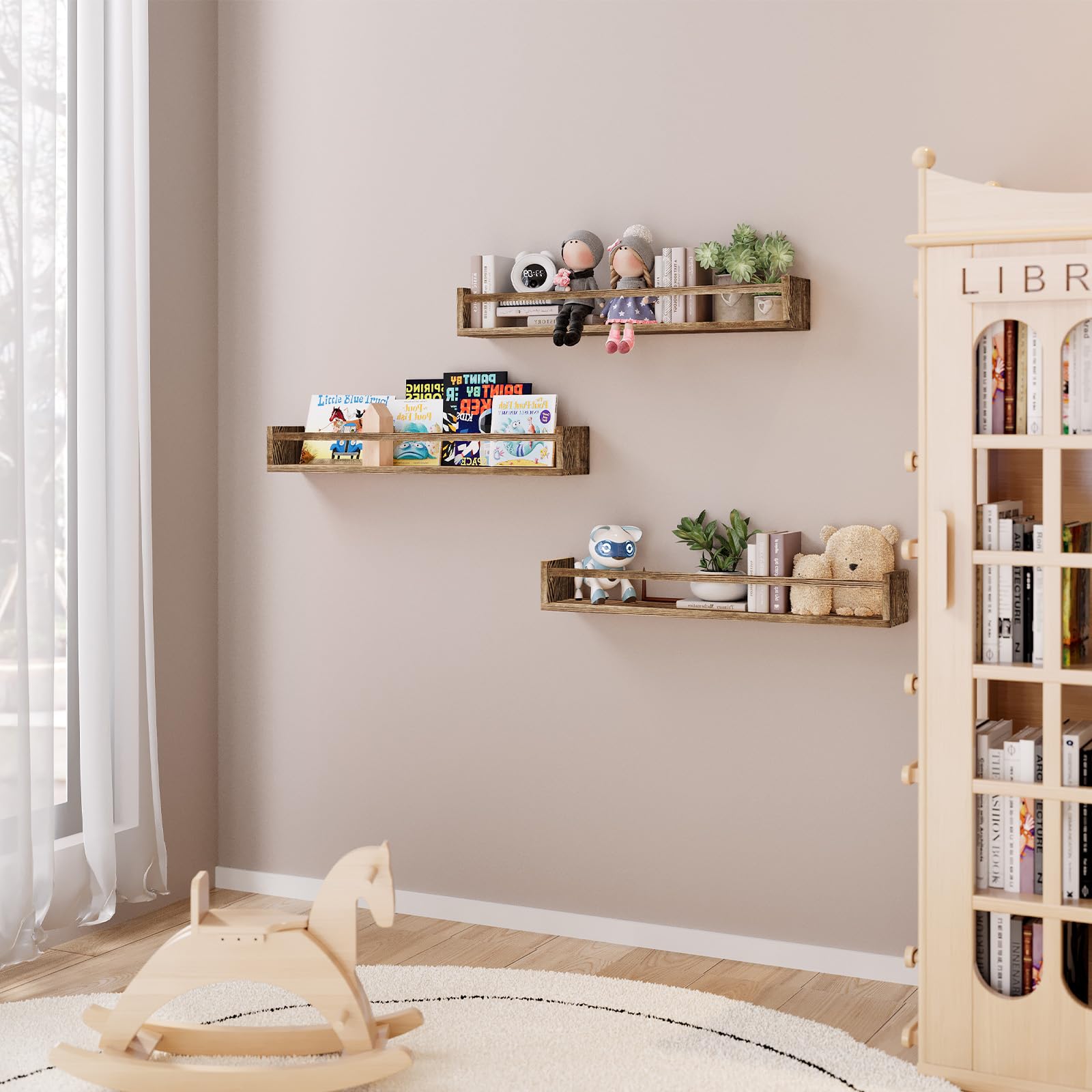 Fixwal shelves used upside-down for clothing storage in nursery.