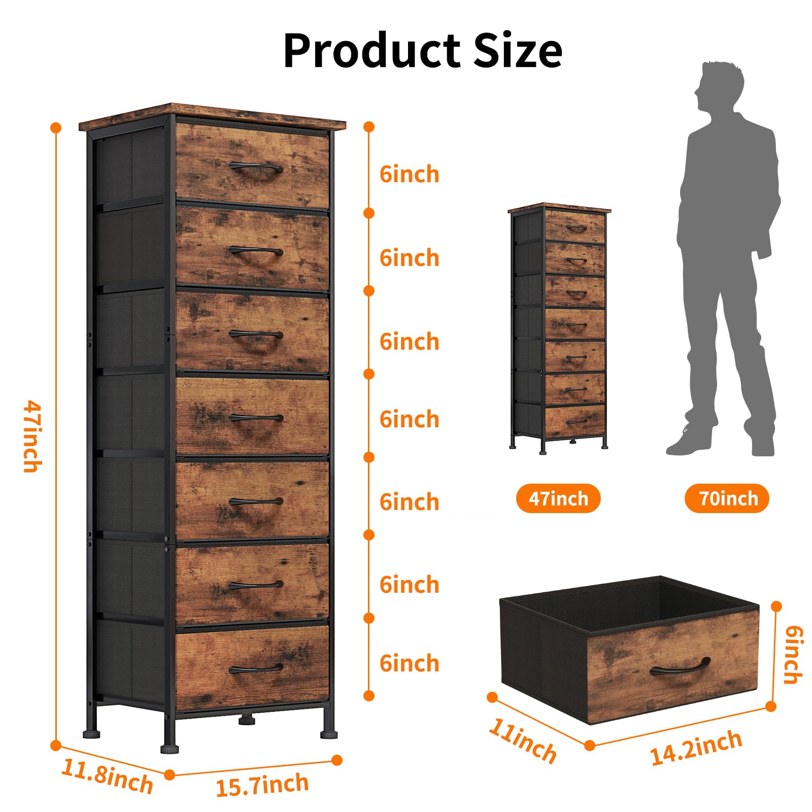 Fixwal tall dresser wood-top in rustic brown enhances bedroom style and durability.
