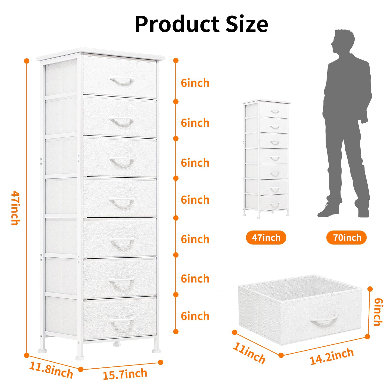 Fixwal tall narrow white dresser drawer closeup emphasizing fabric drawers and sturdy construction.