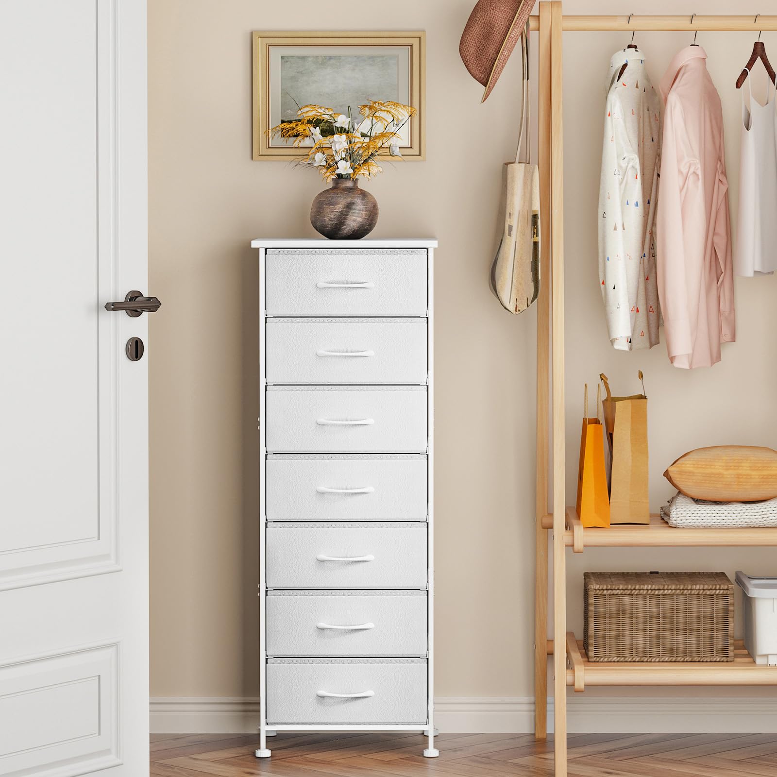 Fixwal dresser drawer open view showcases seven fabric compartments.