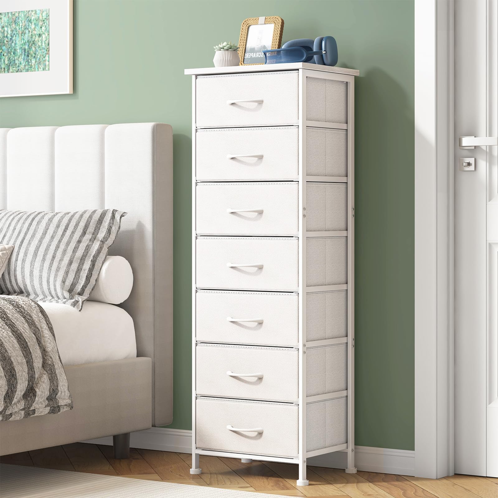 Fixwal tall narrow white dresser top view showing compact storage for small spaces.
