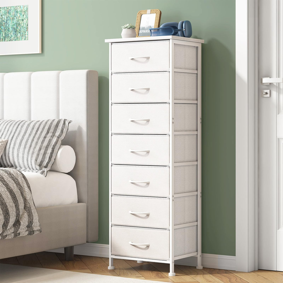 Fixwal tall narrow white dresser top view showing compact storage for small spaces.