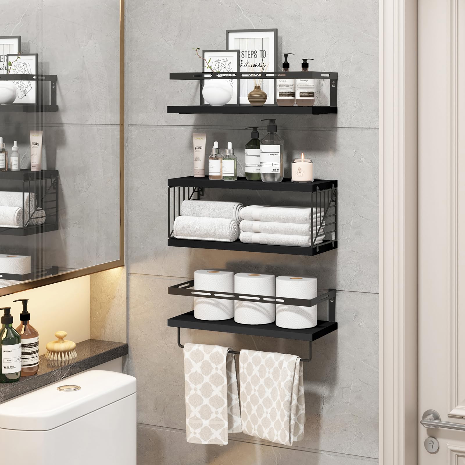Fixwal towel bar integrated shelf is perfect for towels and toiletries.