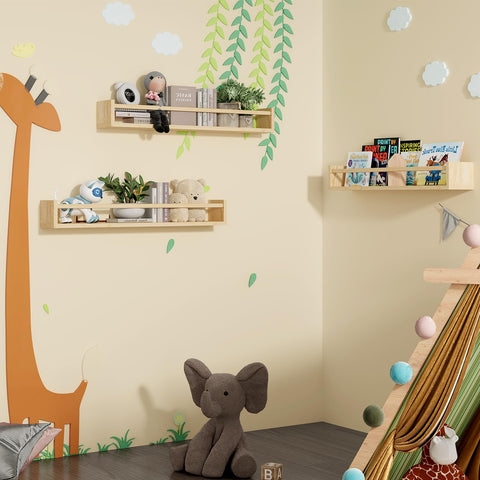 Fixwal wall-mounted book shelves in natural wood enhance nursery decor.