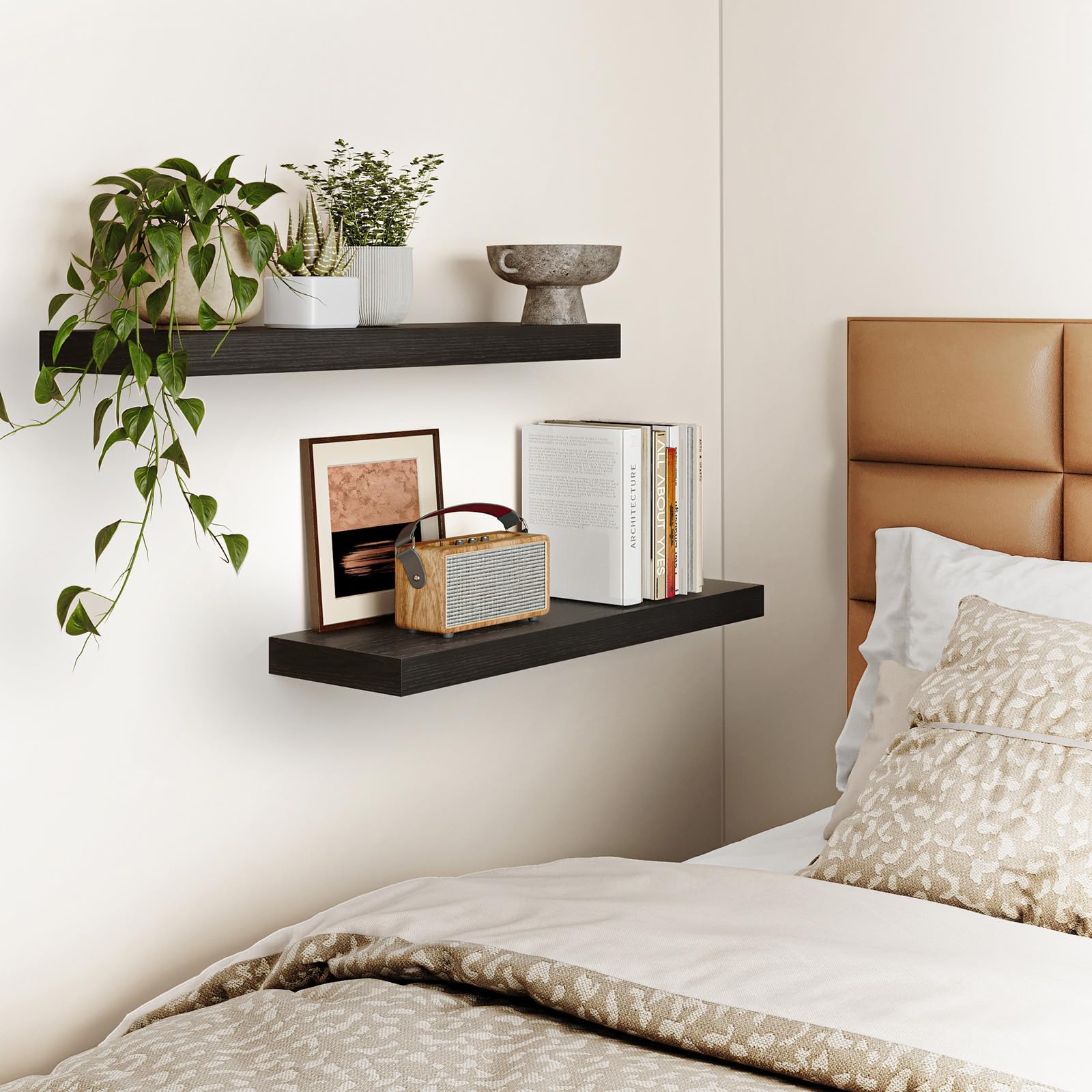 Fixwal bathroom essentials stored on black floating shelf