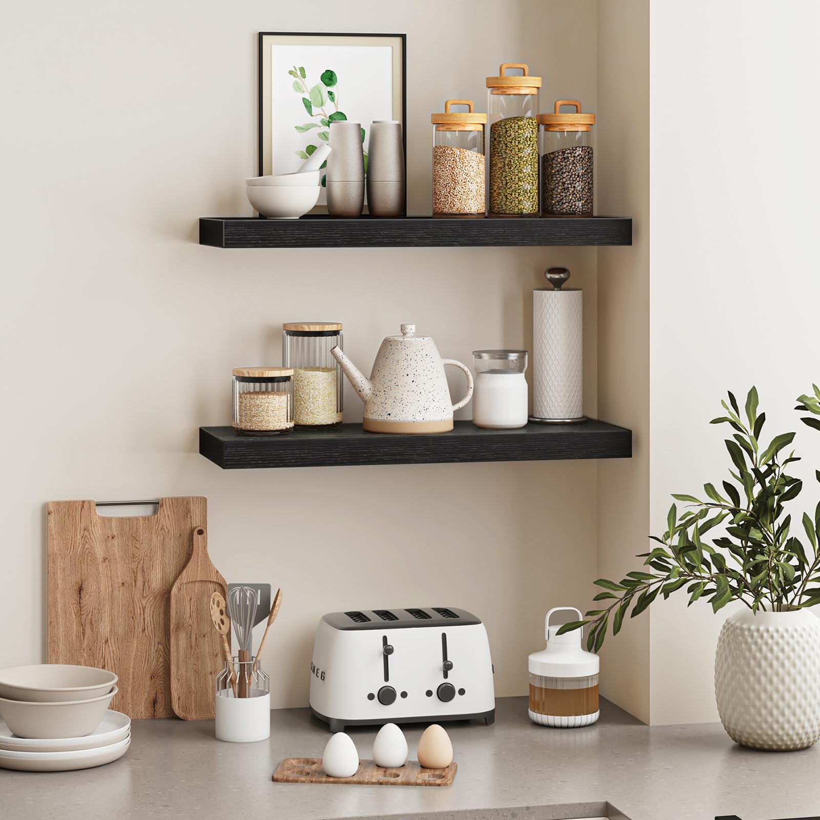 Fixwal bedroom organization with black floating shelf for neat storage