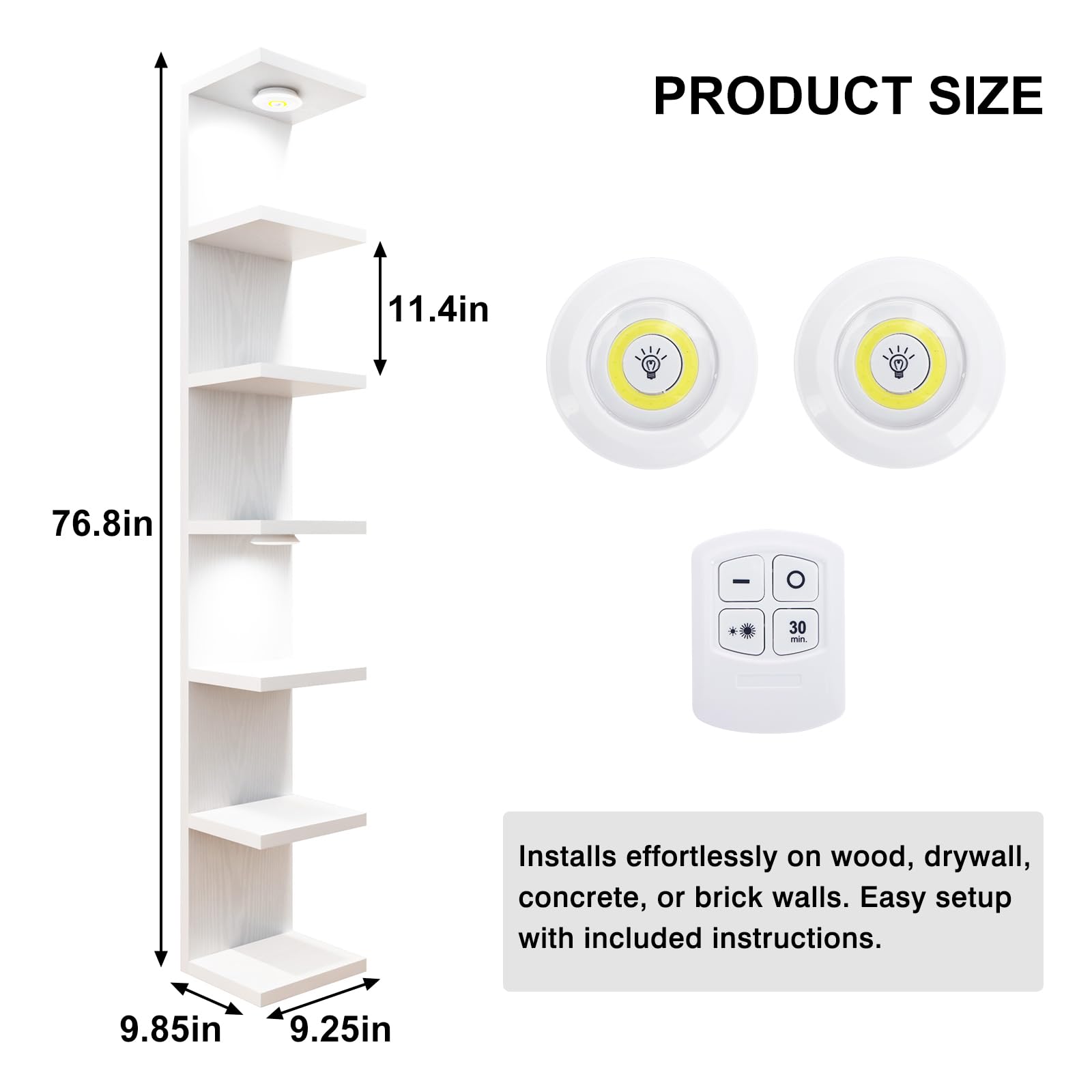 Fixwal white floating shelves display setup enhances living room organization.