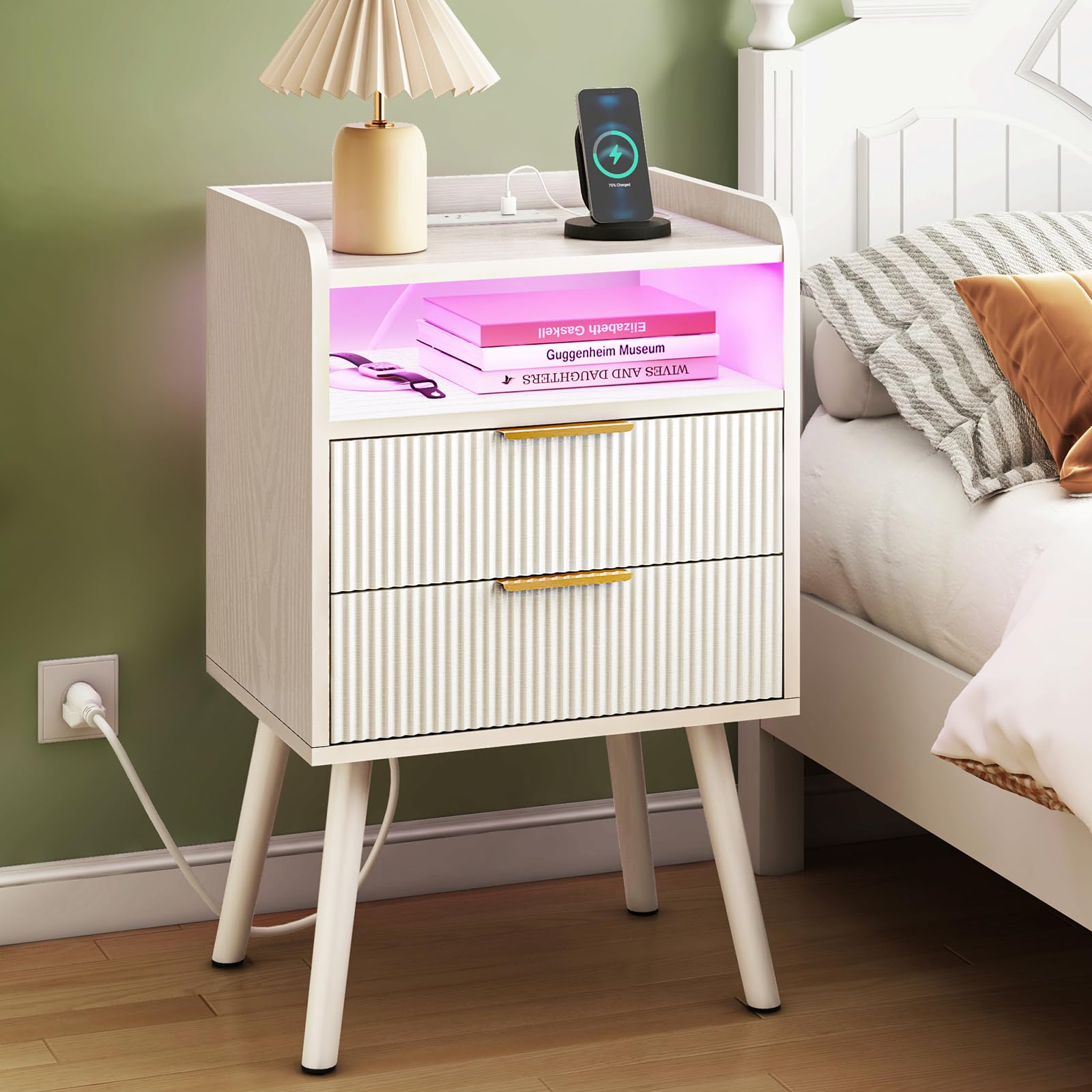 Fixwal white fluted nightstand with charging station keeps devices powered and within reach.