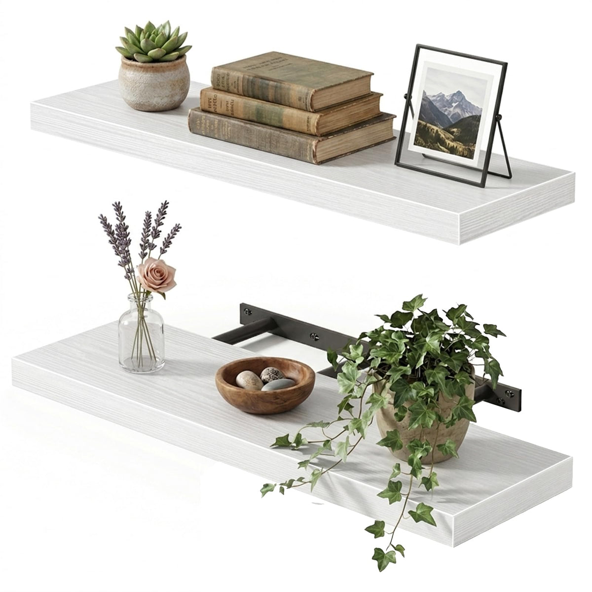 Fixwal white 22-inch wall-mounted shelves for clean, space-saving storage.