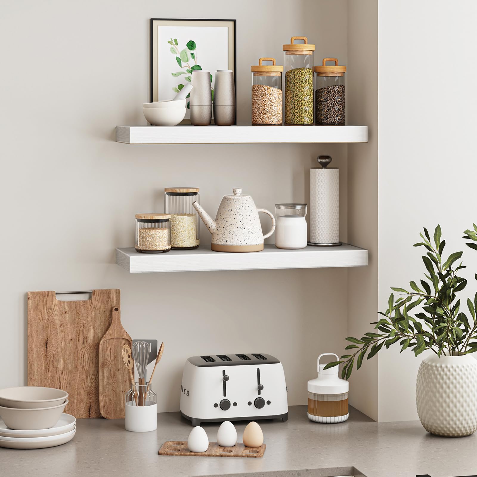 Fixwal white shelves in bathroom offer easy-access storage.