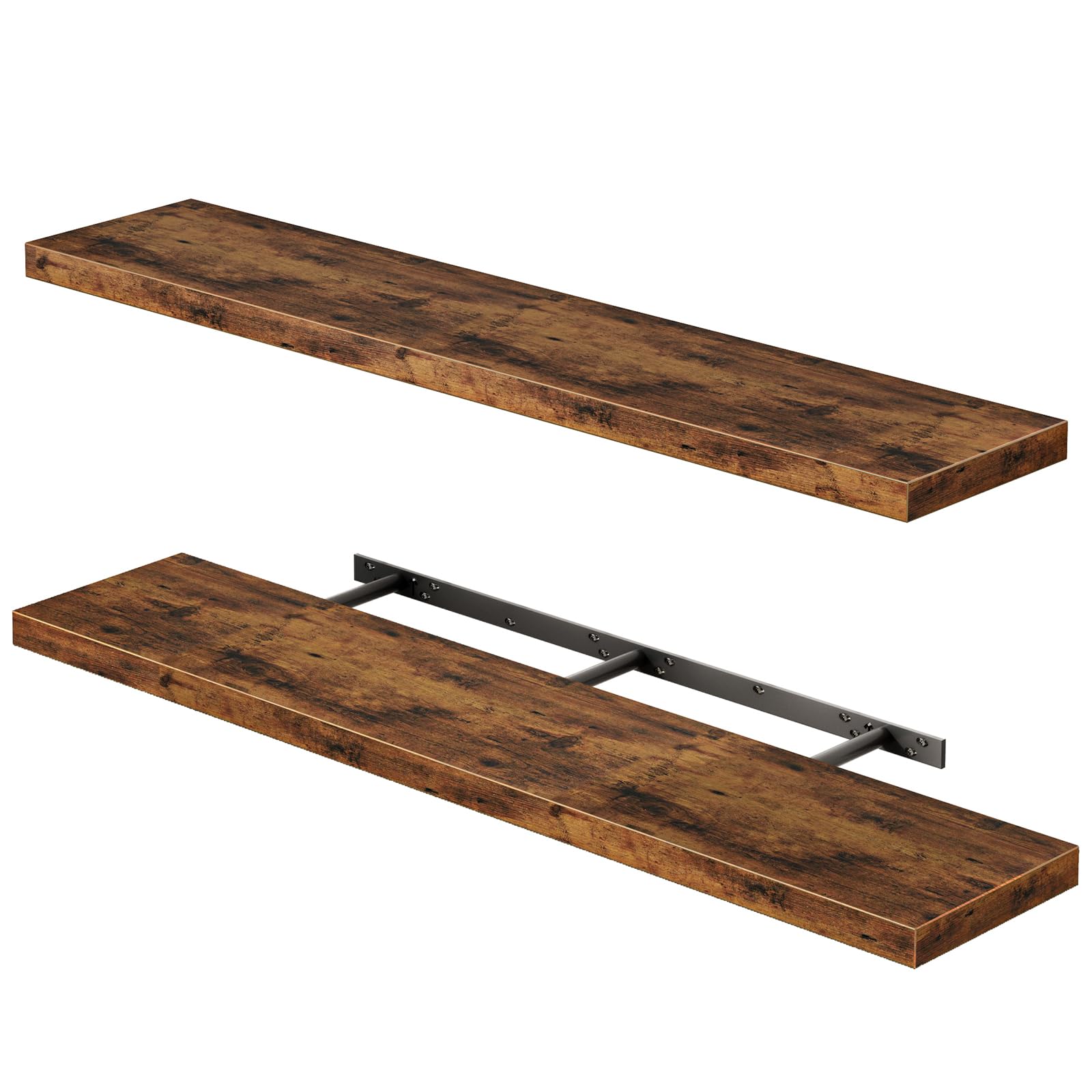 Fixwal wood floating shelf 47-inch long displaying items in a living room.