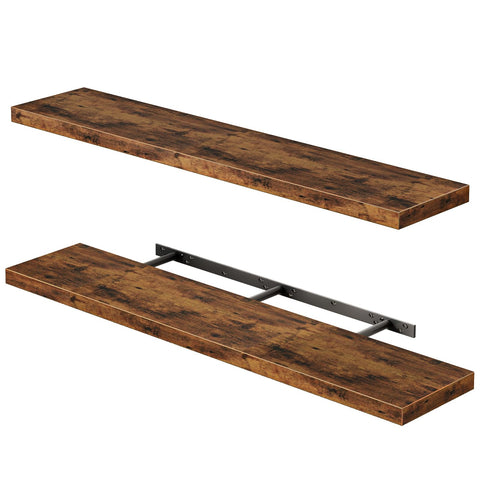 Fixwal wood floating shelf 47-inch long displaying items in a living room.