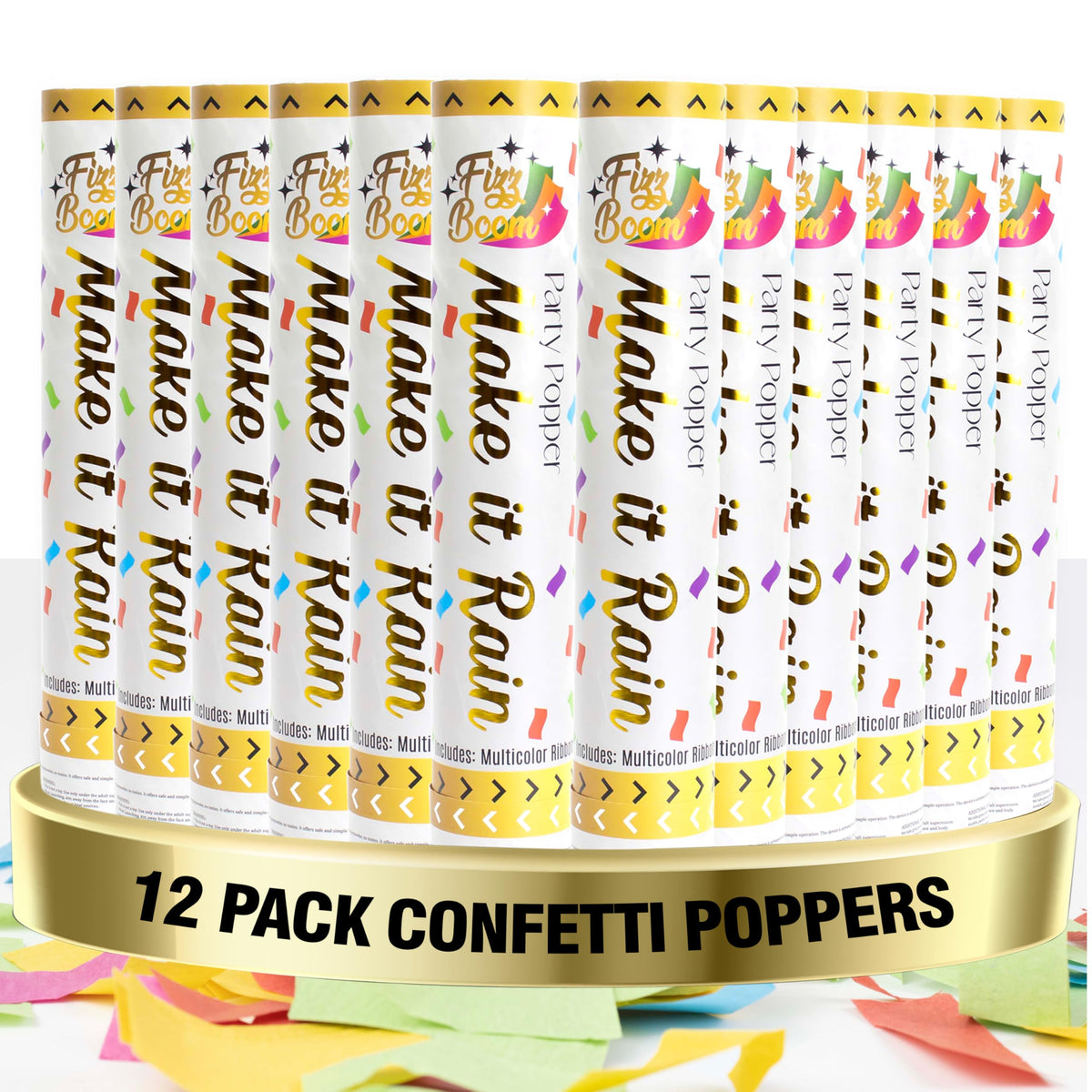 Fizzboom 12-inch confetti poppers pack releasing color burst for photos