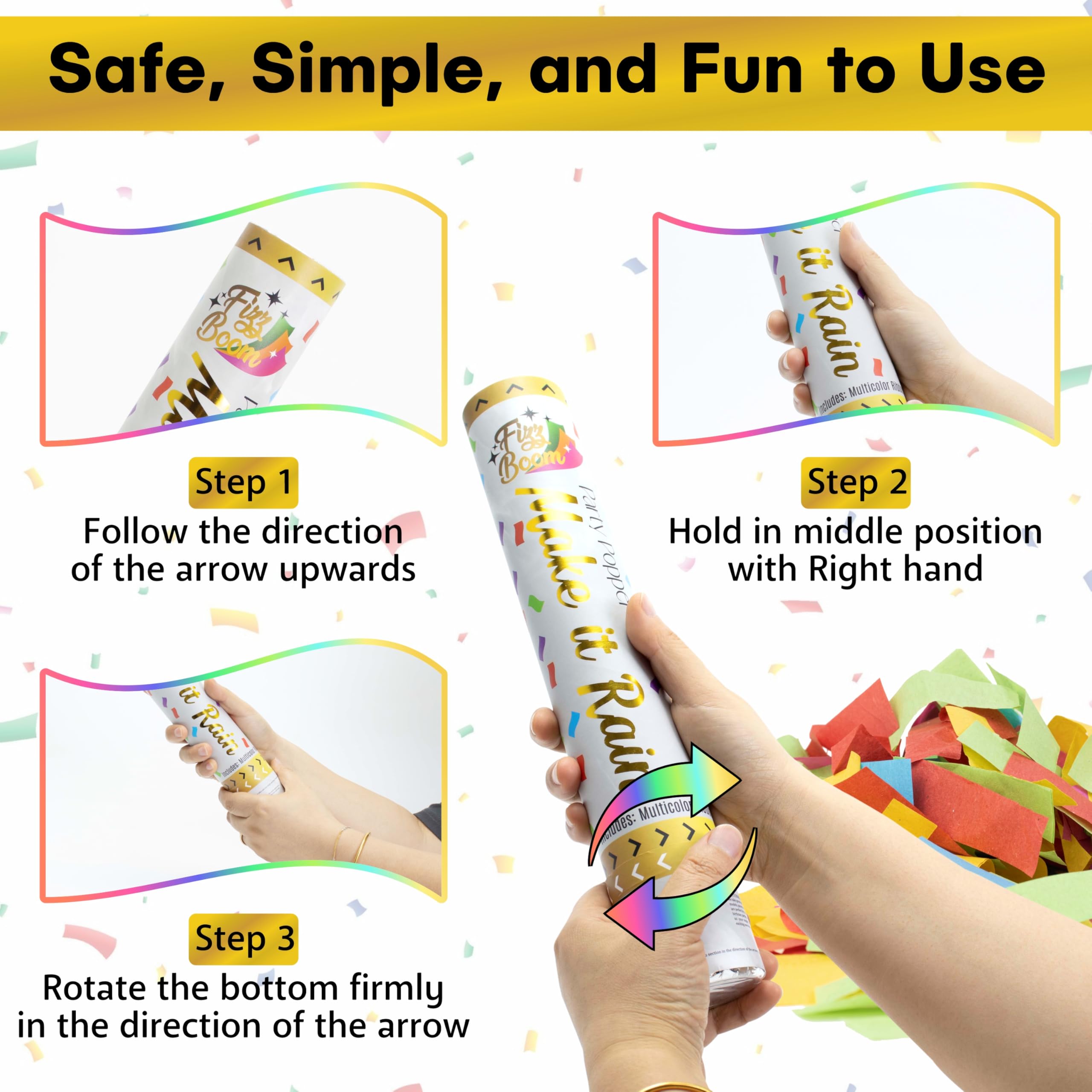 Twist-activation confetti popper ready for use at a party