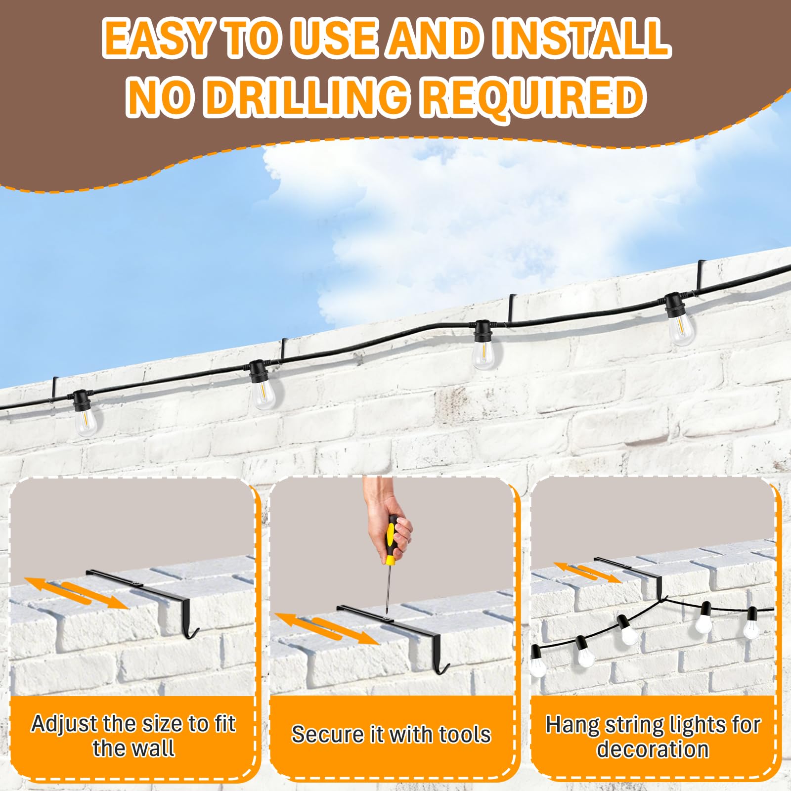 FIZZBOP brick-wall hanger illustrates universal fit on stucco and cement.