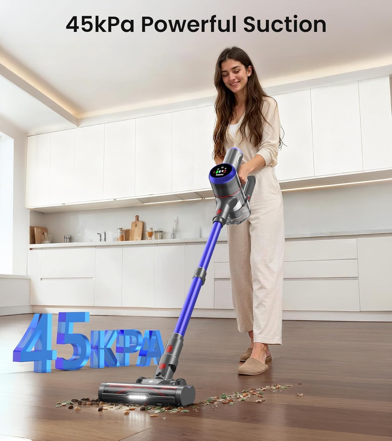 FKIEN self-standing design keeps vacuum ready for quick pauses during cleaning