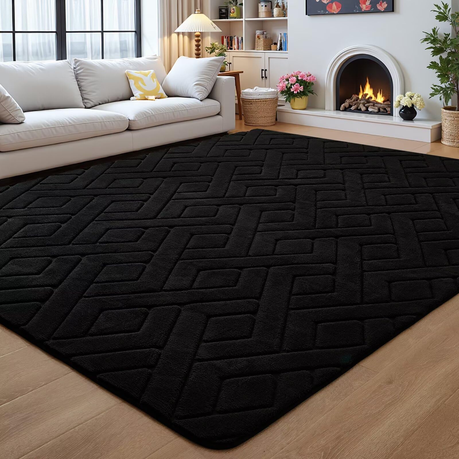 Flagover 5x7 black washable area rug with geometry pattern for modern living spaces.