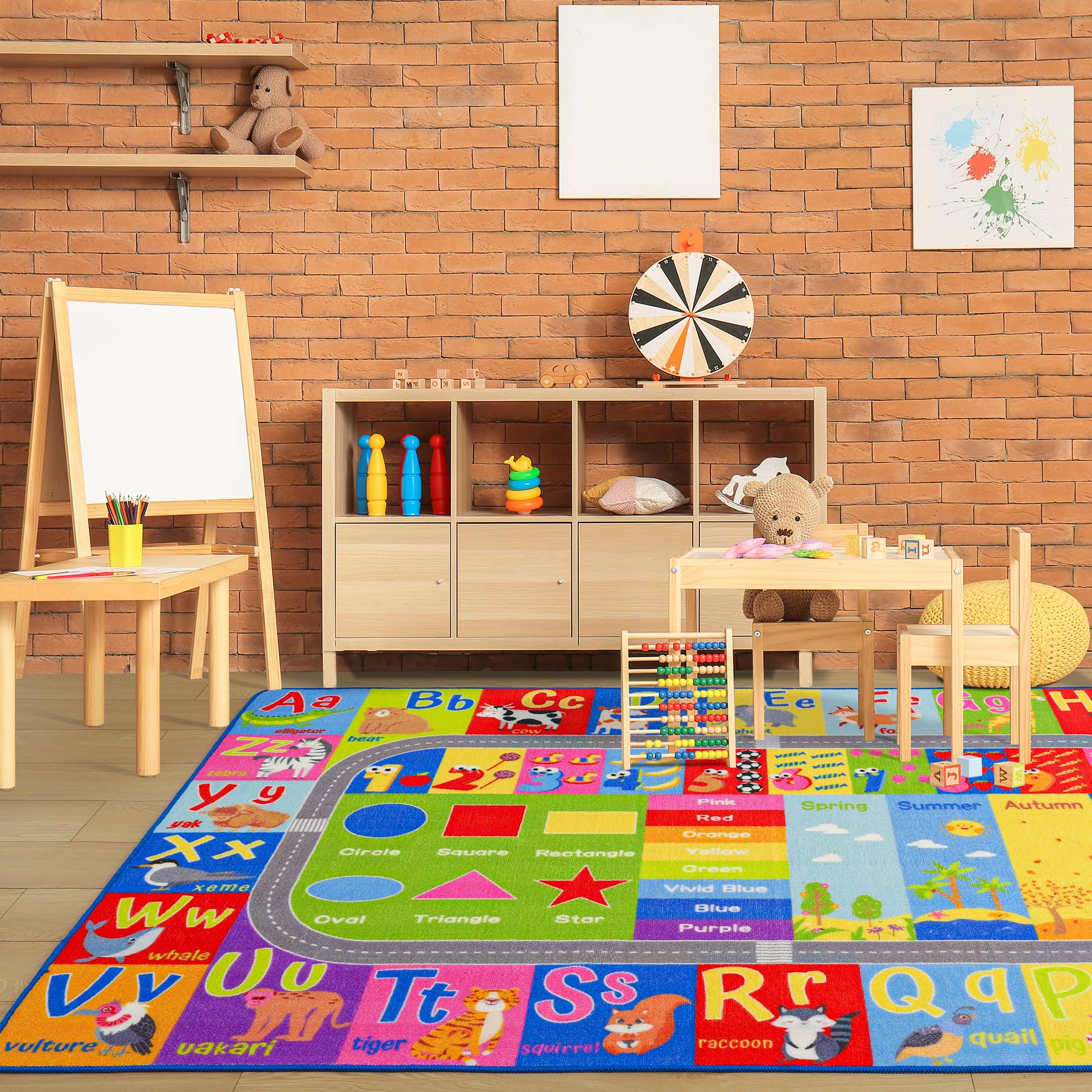 Flagover kids rug featuring colors and shapes to support recognition activities
