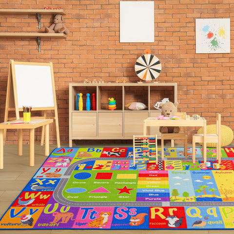 Flagover kids rug featuring colors and shapes to support recognition activities